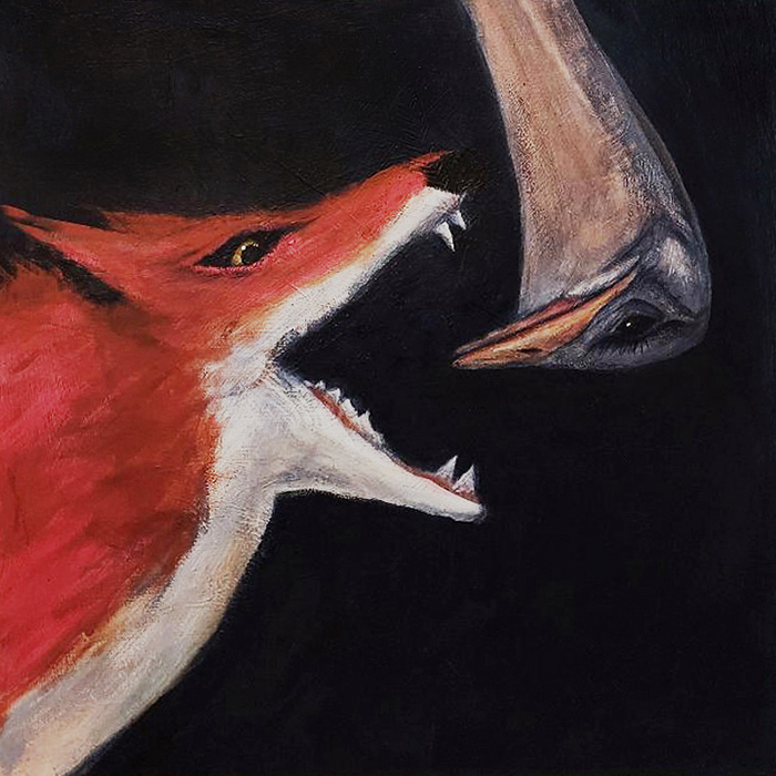 An ostrich sticks its head in a dark hole where a fox has its mouth wide-open with teeth showing.
