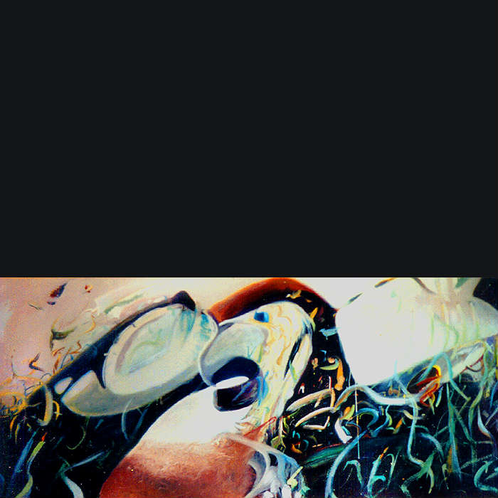 Abstract, red, white, and dark blue, landscape painting with fish and avian shapes that intertwine in an overall angle across the canvas.