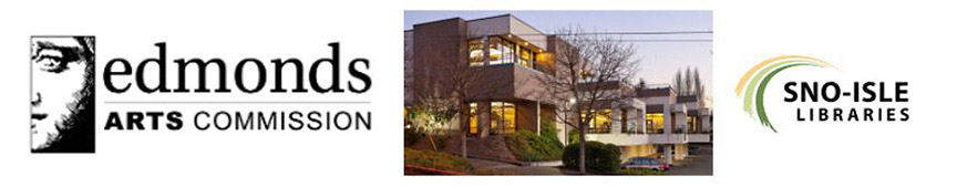 Edmonds Art Commission logo and exterior photo of the library and log for the Library aligned horizontally